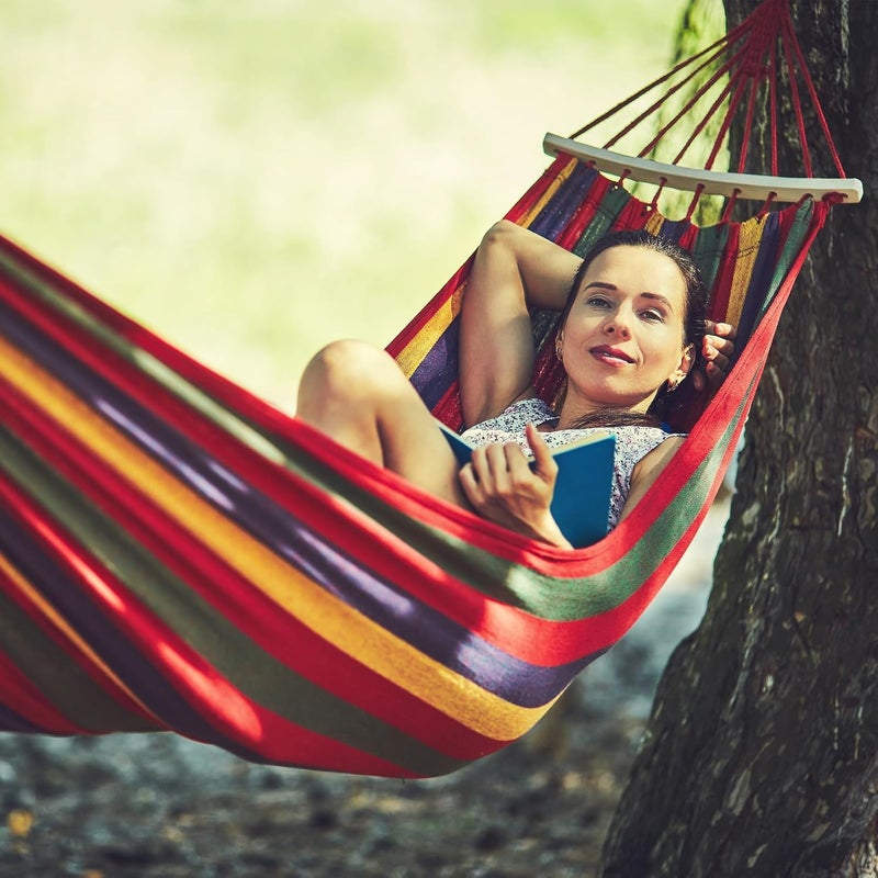 Anyoo Garden Cotton Hammock Comfortable Fabric Hammock with Spreader Bar Sturdy Hammocks Up to 450lbs Portable Lightweight Hammocks with Travel Bag for Camping Outdoor/Indoor Patio Backyard - Image 5